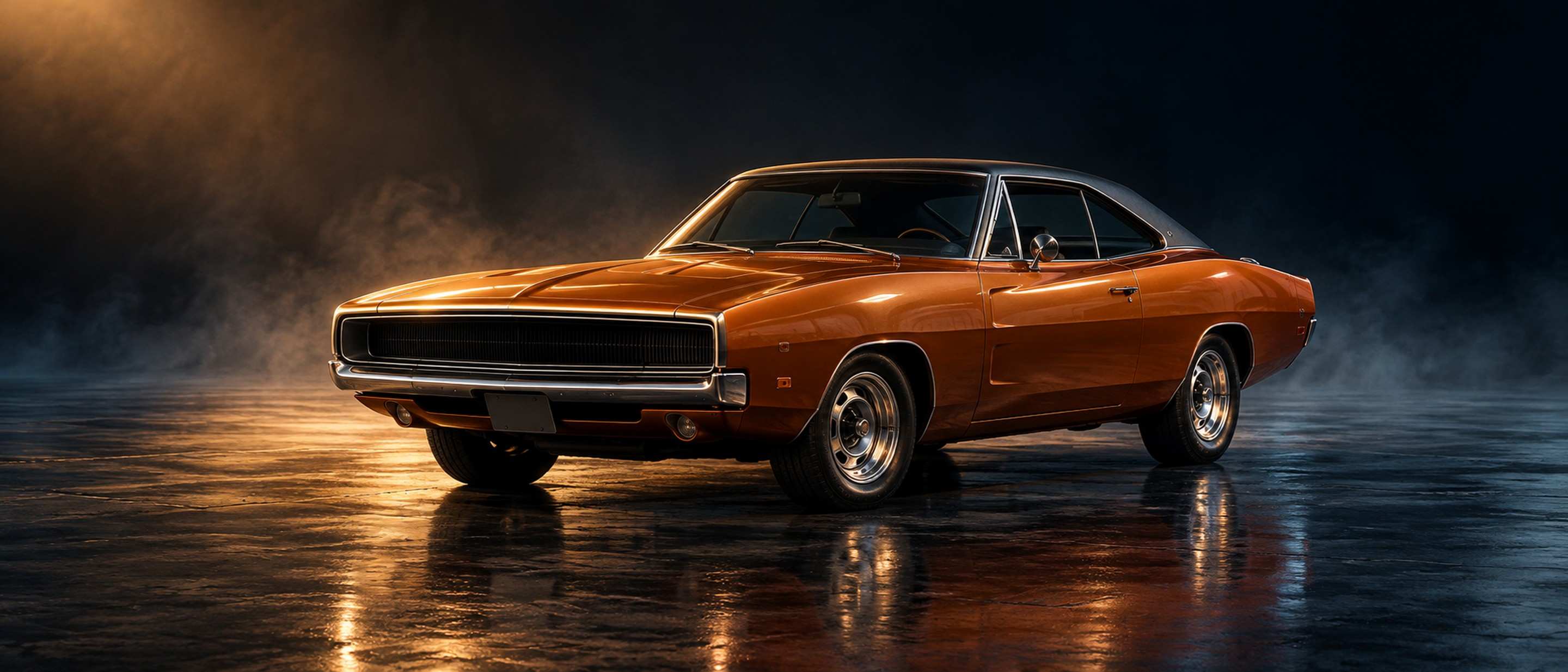 Dodge Charger clássico laranja-cobre em estúdio escuro, sob luz âmbar
